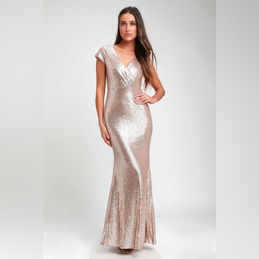 NWT Lulus Always Remember Us Matte Gold Sequin Maxi Dress